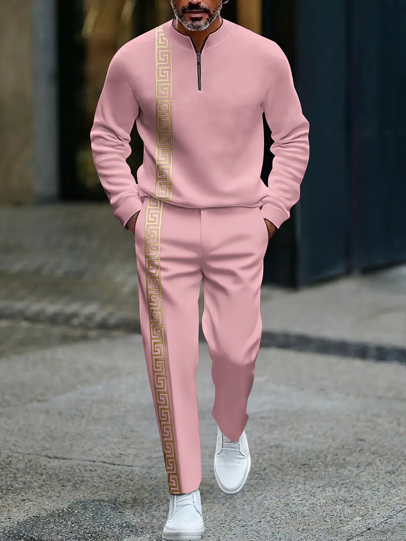 Men's fashion casual zipper stand up collar long sleeved pants set