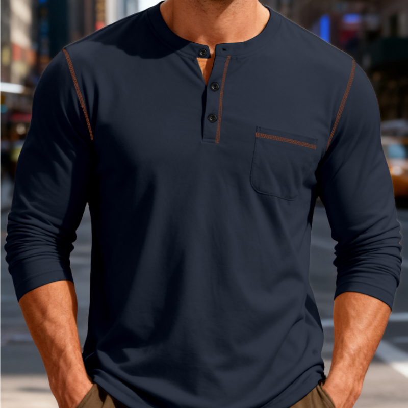 Premium Herren Henley-Shirt aus Baumwolle – Langarmshirt mit Kontrastnähten, Regular Fit
