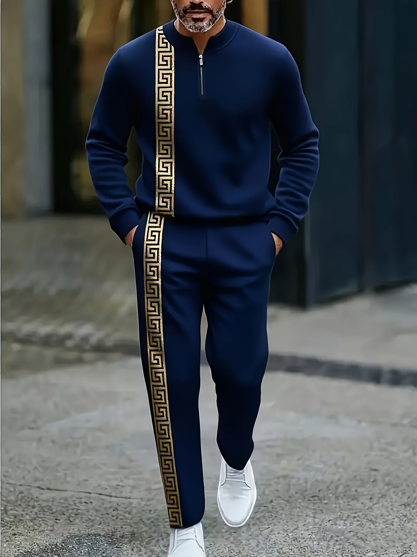 Men's fashion casual zipper stand up collar long sleeved pants set
