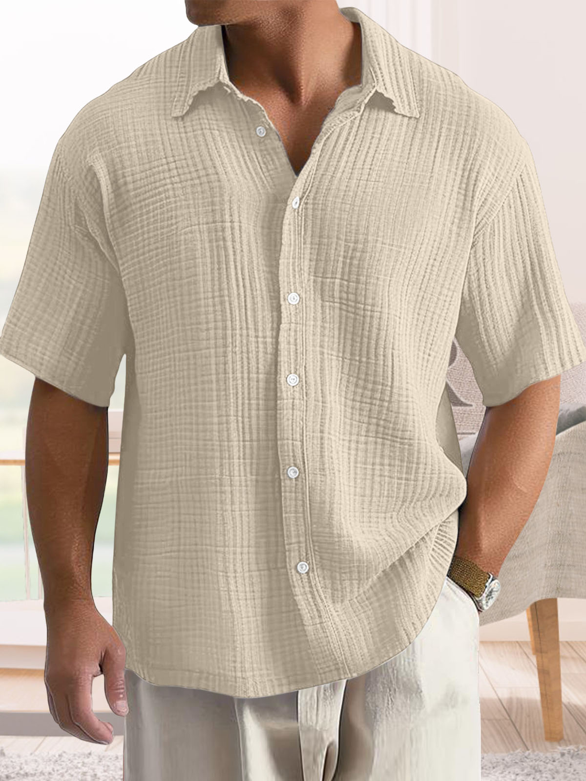Men's Casual Cotton Short-sleeved Shirt with Lapel