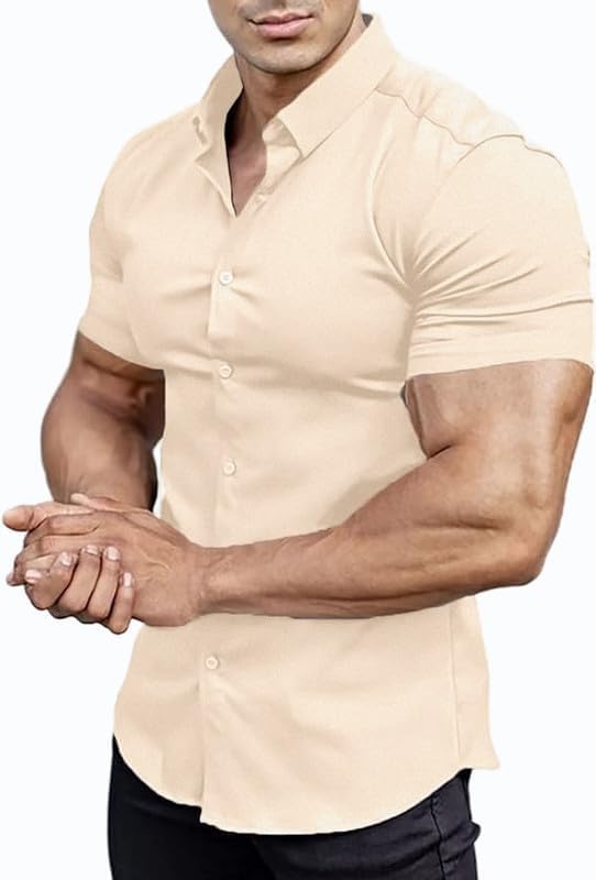 Men’s Muscle Fit Dress Shirts Athletic Slim Fit Short Sleeve Stretch Casual Button Down Shirt