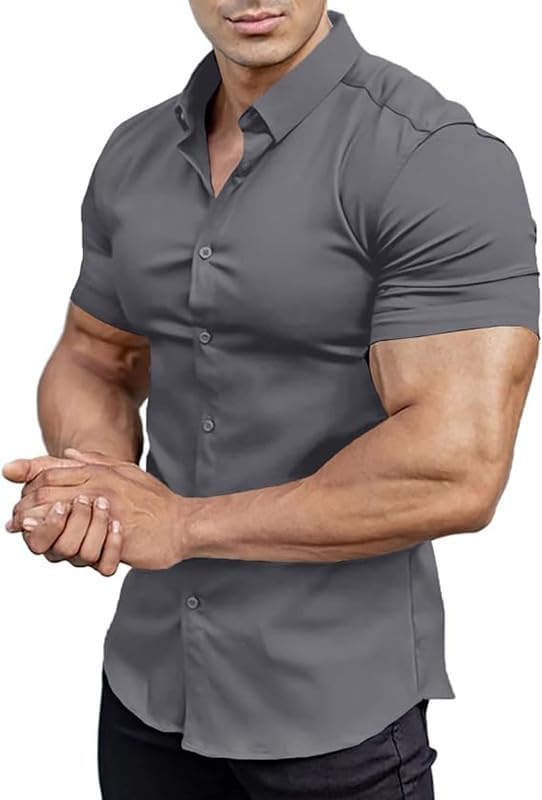Men’s Muscle Fit Dress Shirts Athletic Slim Fit Short Sleeve Stretch Casual Button Down Shirt