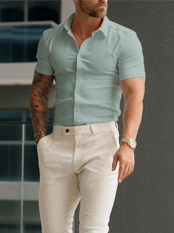 Men’s Muscle Fit Dress Shirts Athletic Slim Fit Short Sleeve Stretch Casual Button Down Shirt