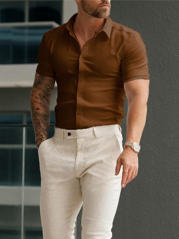 Men’s Muscle Fit Dress Shirts Athletic Slim Fit Short Sleeve Stretch Casual Button Down Shirt