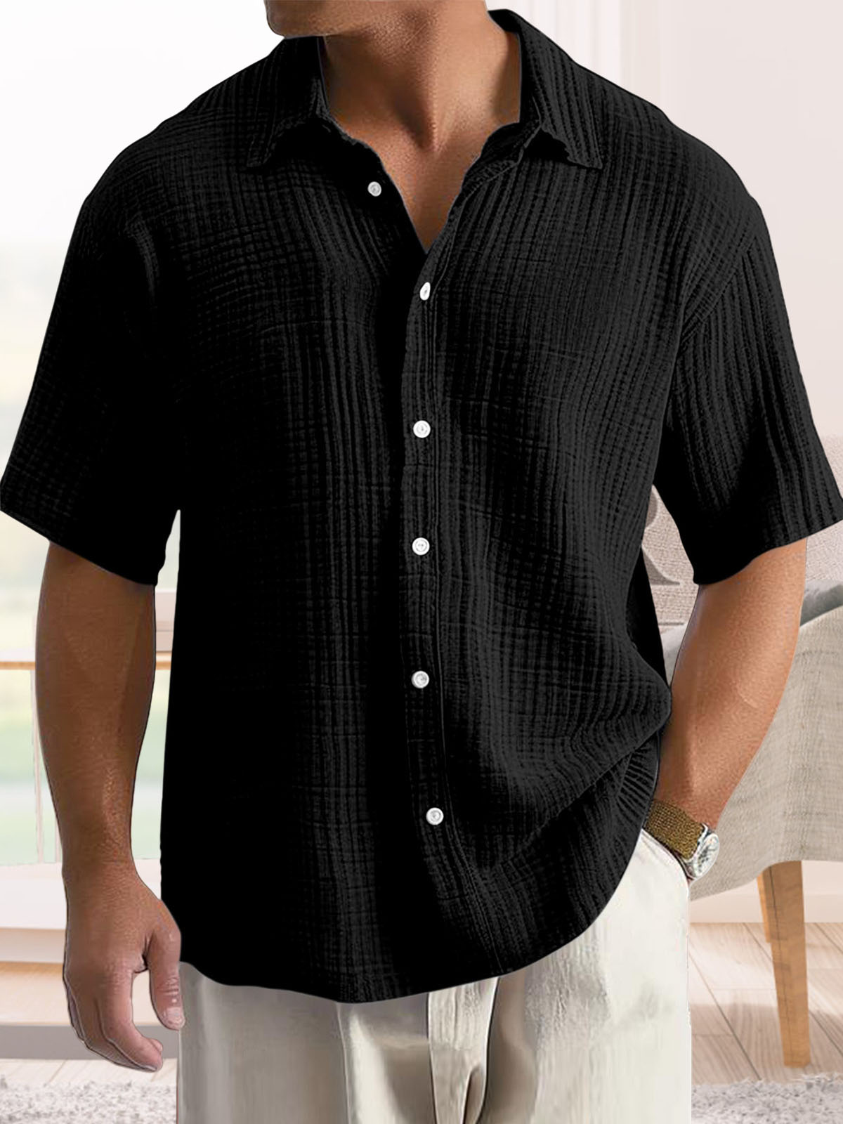 Men's Casual Cotton Short-sleeved Shirt with Lapel