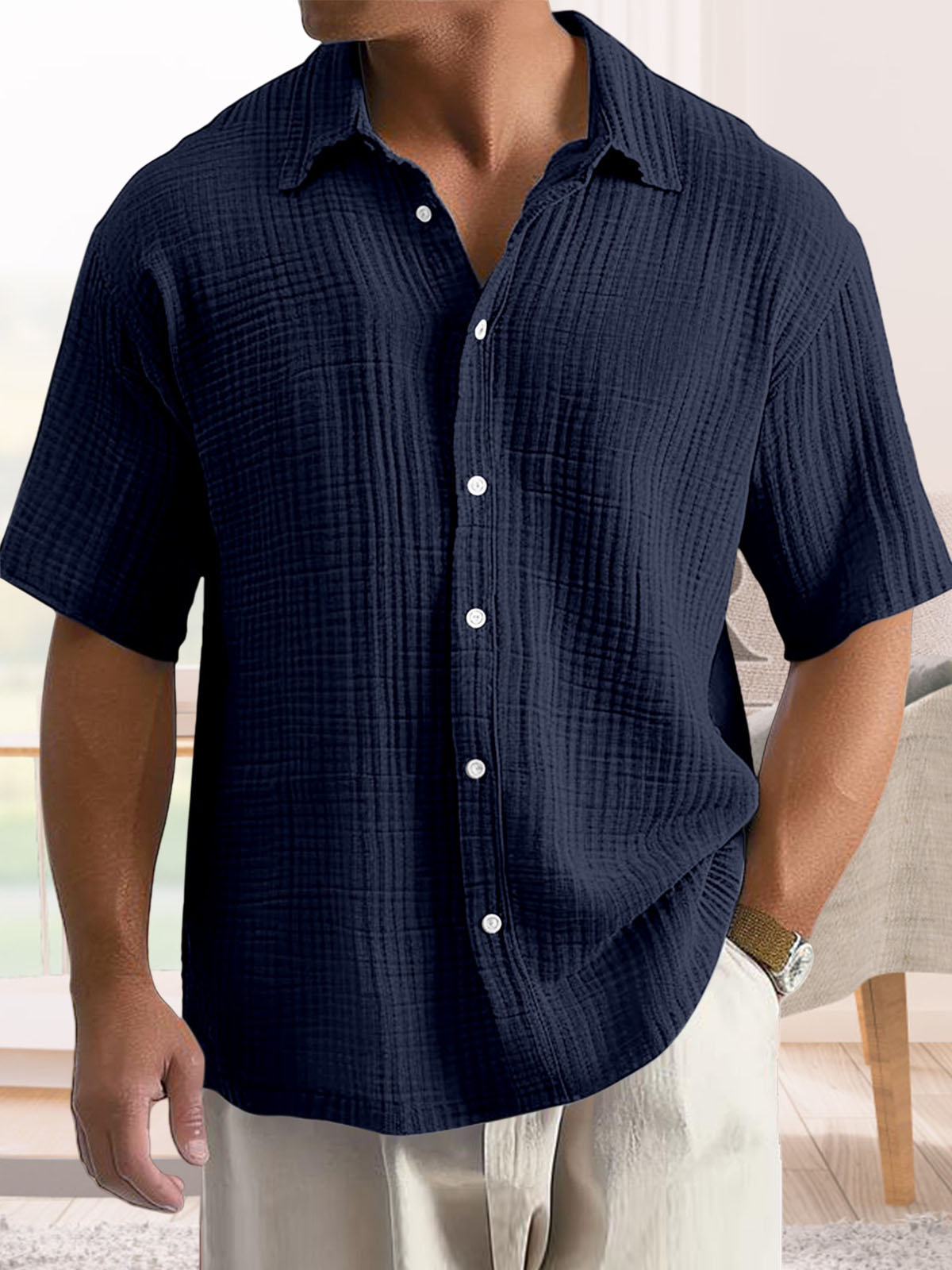 Men's Casual Cotton Short-sleeved Shirt with Lapel