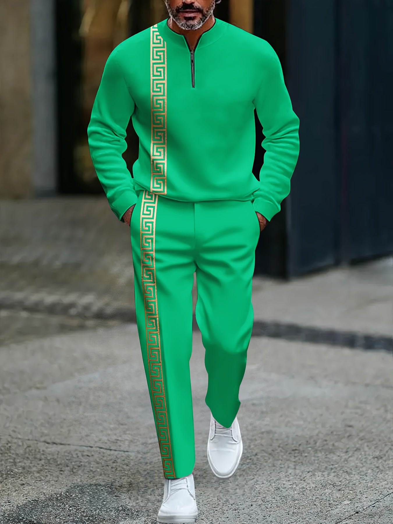 Men's fashion casual zipper stand up collar long sleeved pants set