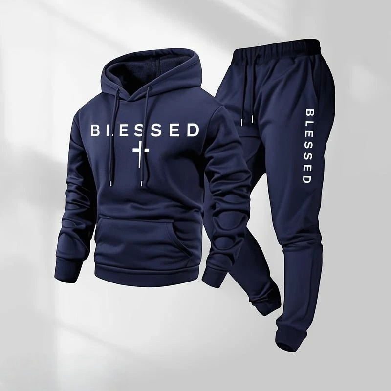 Men's Blessed Cross Letter Pattern Print Hoodie and Drawstring Sweatpants Set Two-Piece Set