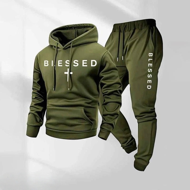Men's Blessed Cross Letter Pattern Print Hoodie and Drawstring Sweatpants Set Two-Piece Set