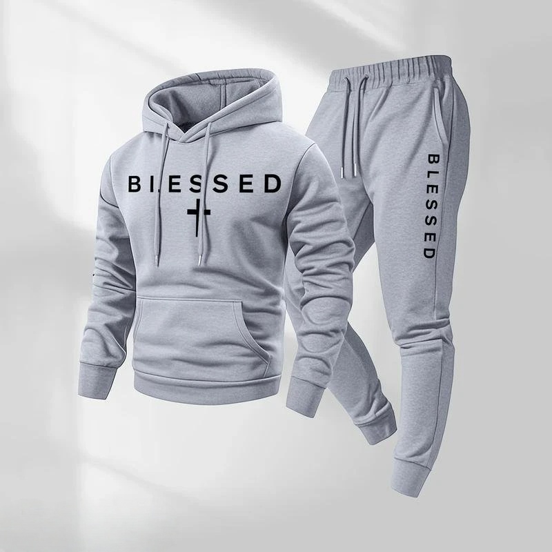 Men's Blessed Cross Letter Pattern Print Hoodie and Drawstring Sweatpants Set Two-Piece Set