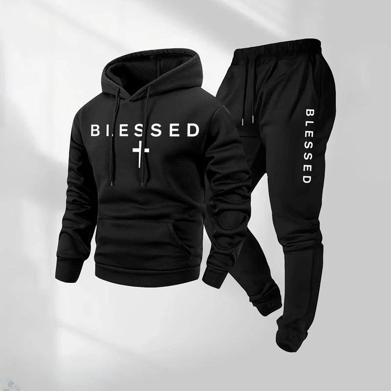 Men's Blessed Cross Letter Pattern Print Hoodie and Drawstring Sweatpants Set Two-Piece Set
