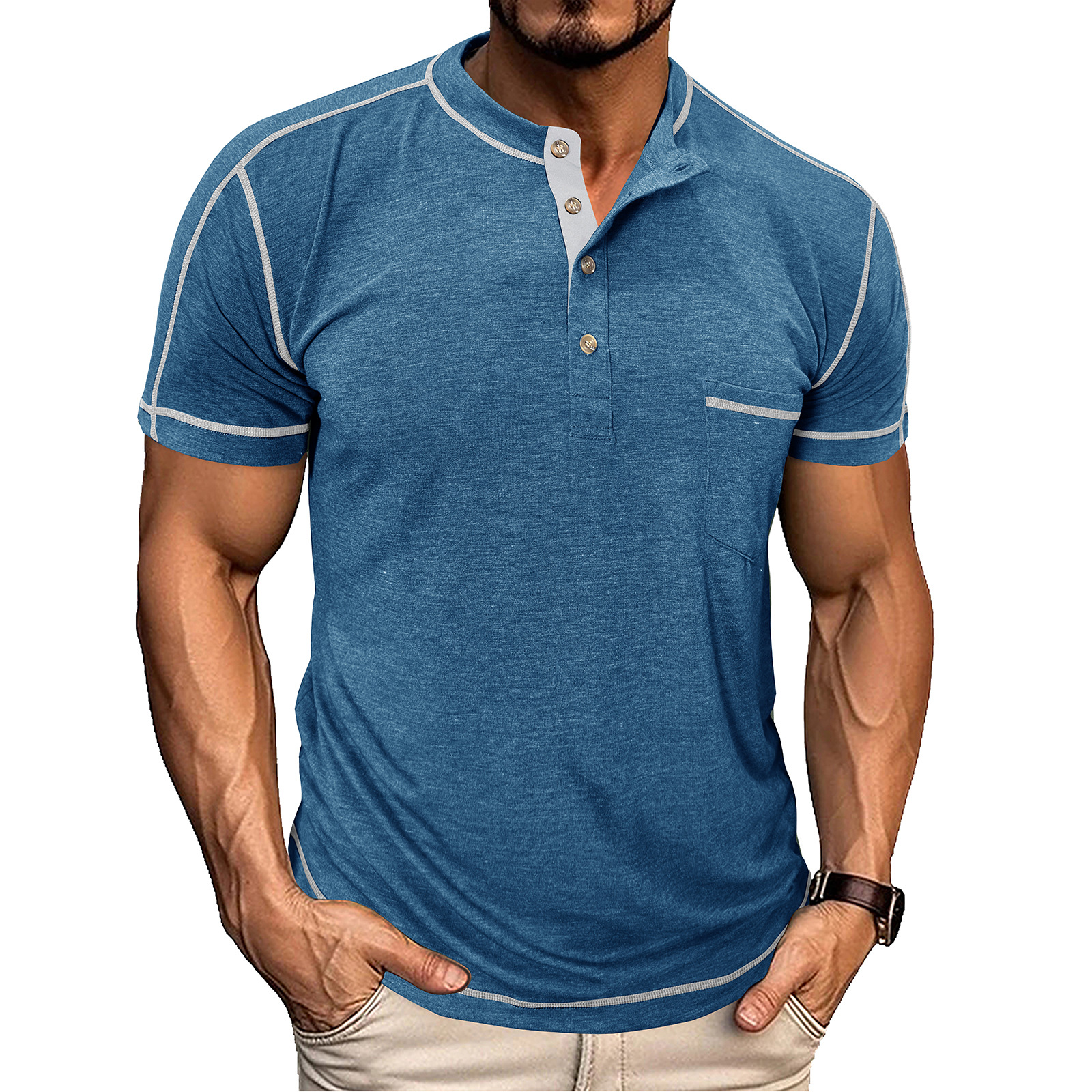 Men's Fashion Contrast-Color Short-Sleeve Henley Base Layer T-Shirt with Round Neck