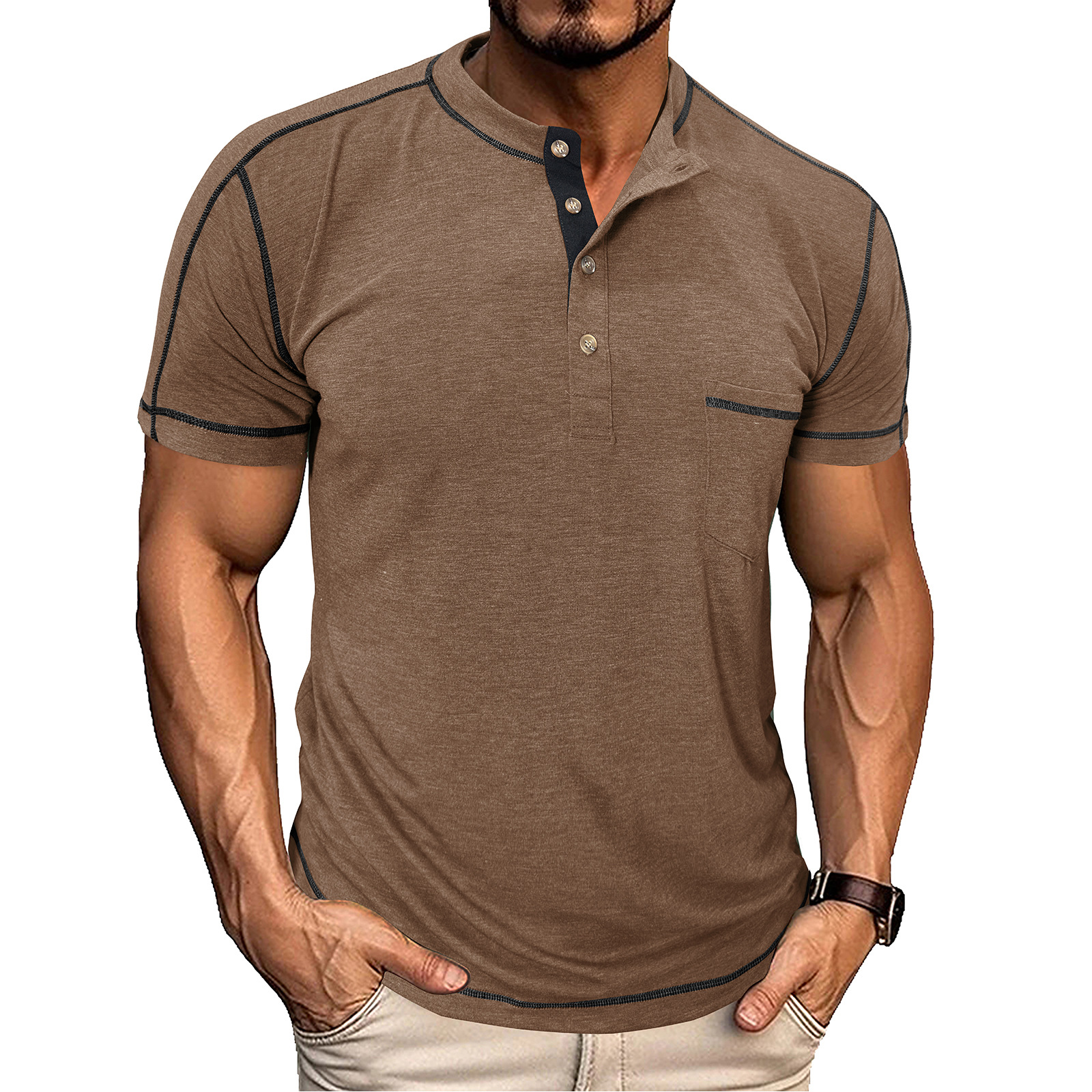 Men's Fashion Contrast-Color Short-Sleeve Henley Base Layer T-Shirt with Round Neck