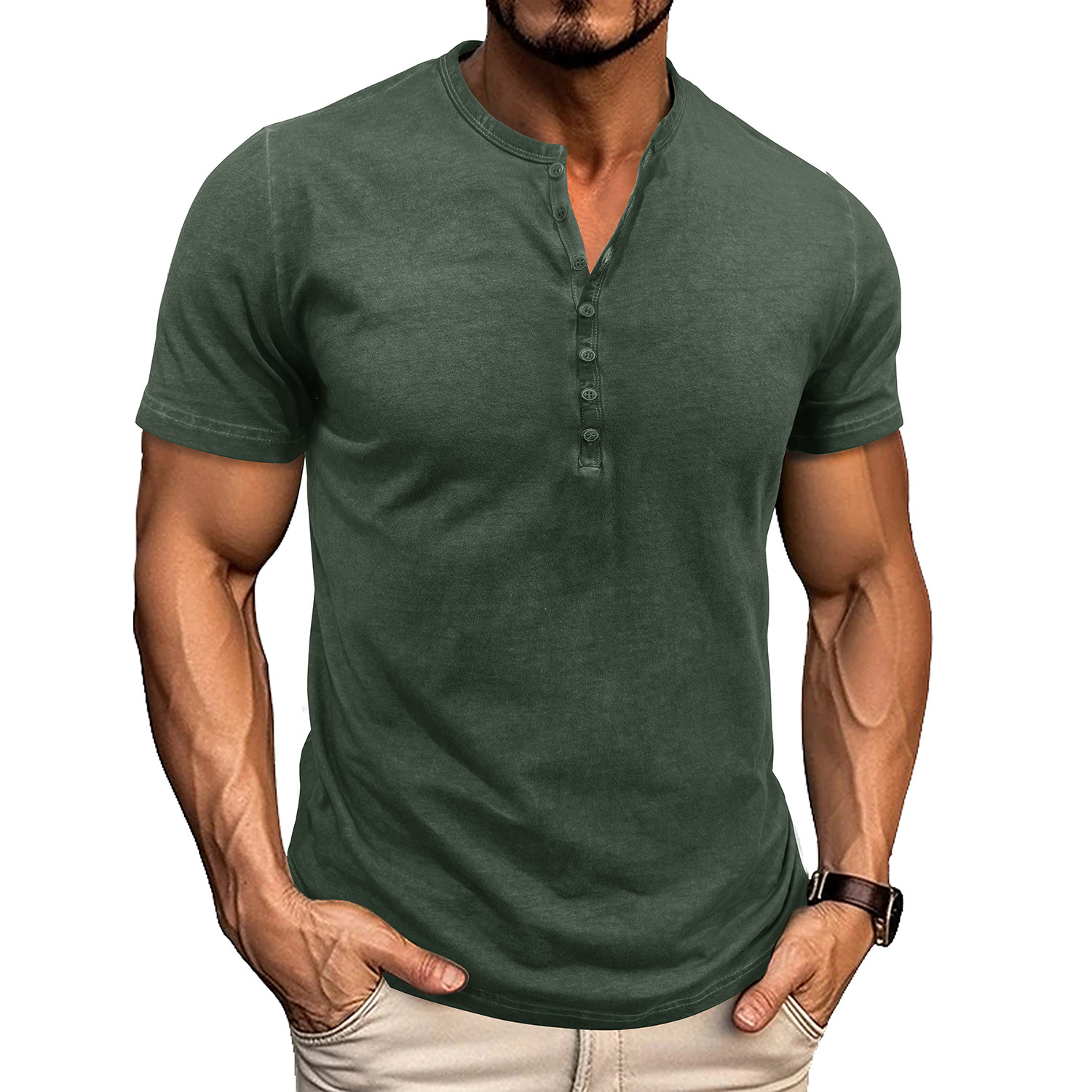 Vintage crew neck henley summer base layer outdoor short-sleeve T-shirt