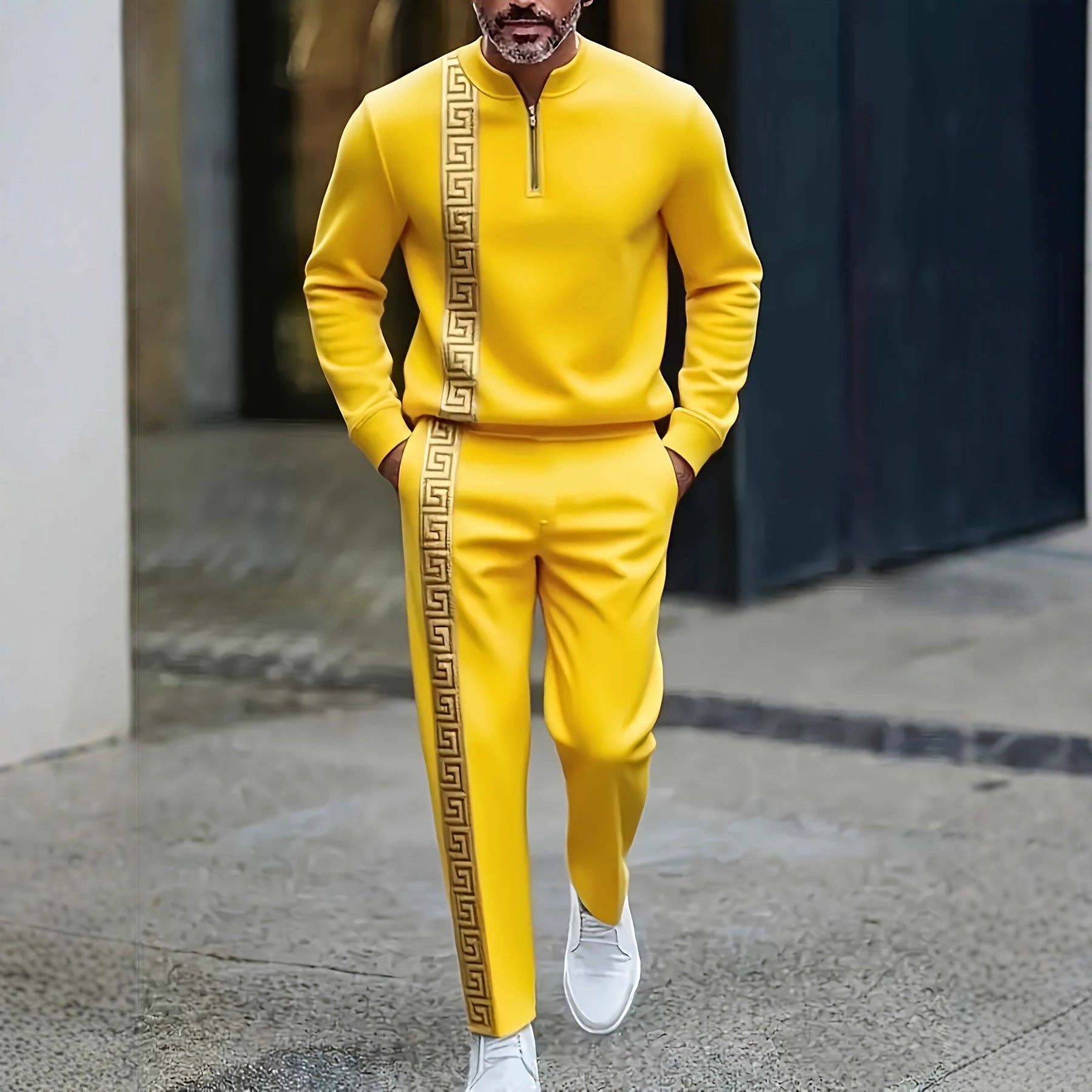 Men's fashion casual zipper stand up collar long sleeved pants set