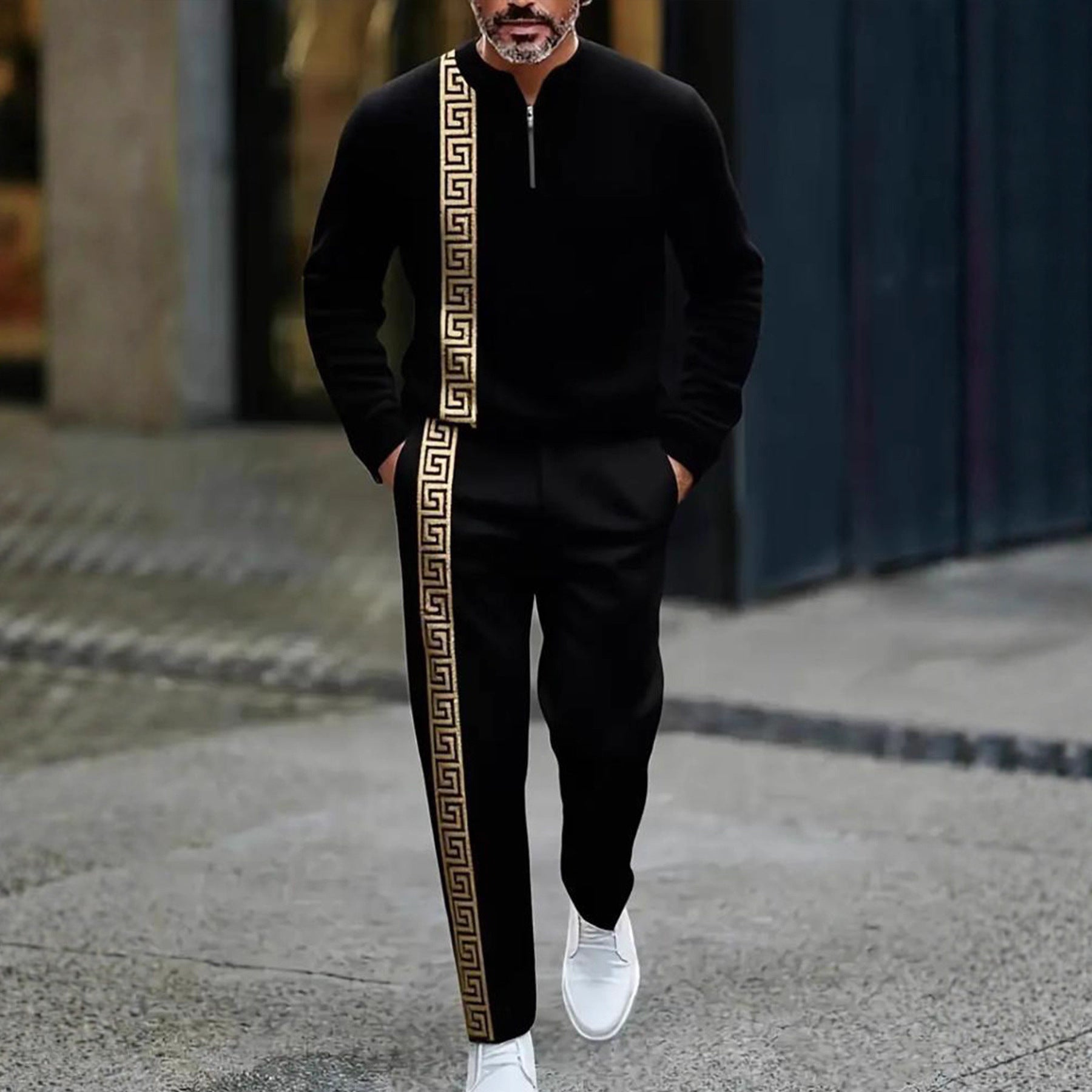 Men's fashion casual zipper stand up collar long sleeved pants set