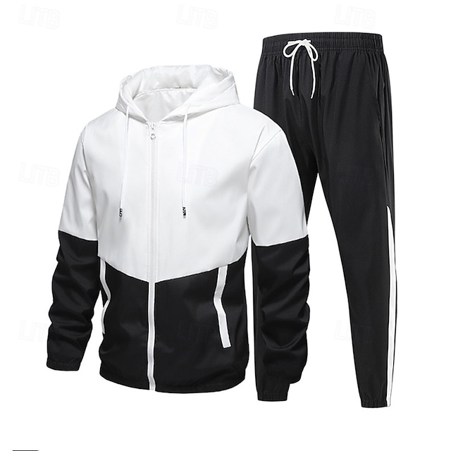 Herren 2-teiliger Trainingsanzug Lounge-Hoodie Trainingsanzug-Sets mit Tasche Farbblock Kombination Frühling Herbst Schwarz Armeegrün Fitnessstudio Training Laufen Hohe Taille Leicht Mode Langarm