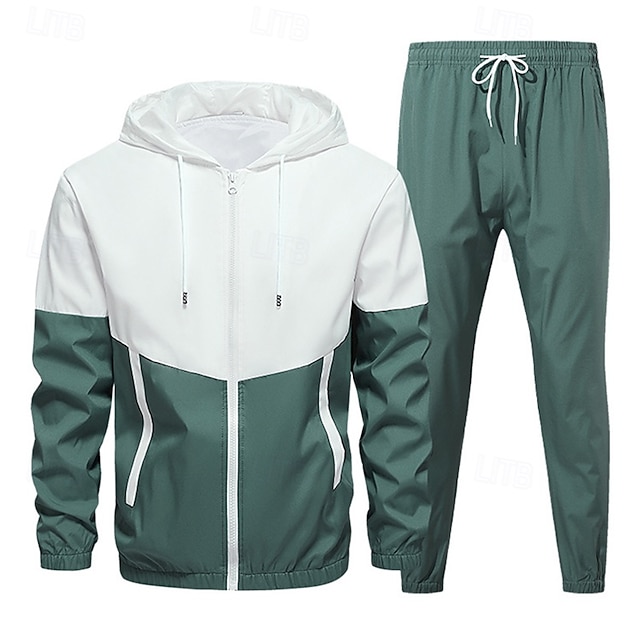 Herren 2-teiliger Trainingsanzug Lounge-Hoodie Trainingsanzug-Sets mit Tasche Farbblock Kombination Frühling Herbst Schwarz Armeegrün Fitnessstudio Training Laufen Hohe Taille Leicht Mode Langarm