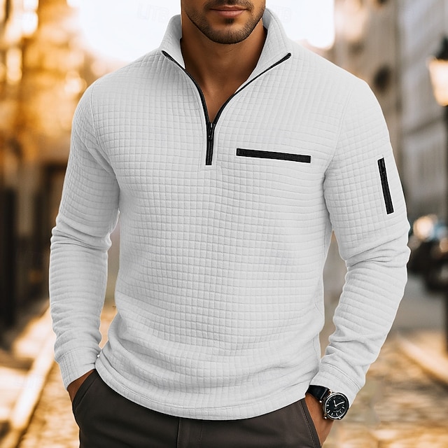 Herren Waffel-Poloshirts Textur Lässig Viertelreißverschluss Langarm Mode Bequem Farbblock Reißverschluss Tasche Herbst Frühling & Herbst Normale Passform Weiß Schwarz Blau Hellblau Dunkelgrau Purpur