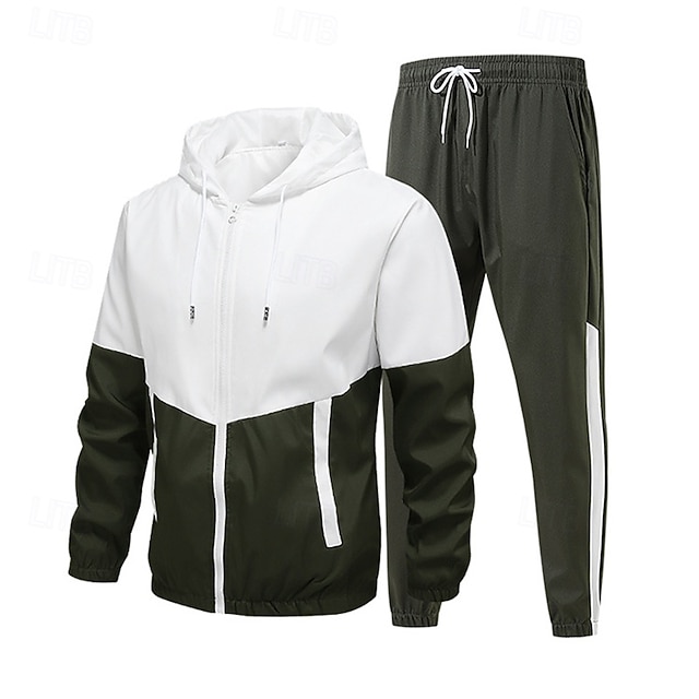 Herren 2-teiliger Trainingsanzug Lounge-Hoodie Trainingsanzug-Sets mit Tasche Farbblock Kombination Frühling Herbst Schwarz Armeegrün Fitnessstudio Training Laufen Hohe Taille Leicht Mode Langarm