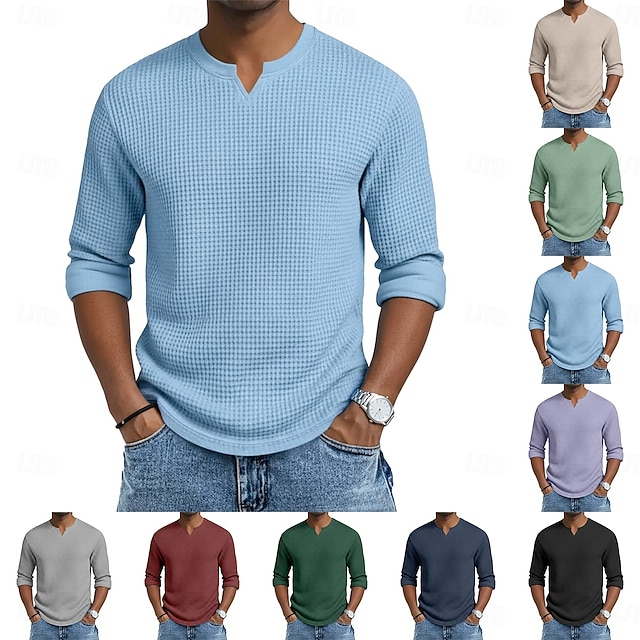 Herren Waffel-T-Shirt T Shirt Langarm V Ausschnitt Sommer Frühling & Herbst Ganzjahres Einfarbig Texture Strickware Täglich Lässig V-Ausschnitt Lässig Täglich Outdoor Blau Schwarz Hellgrün Top