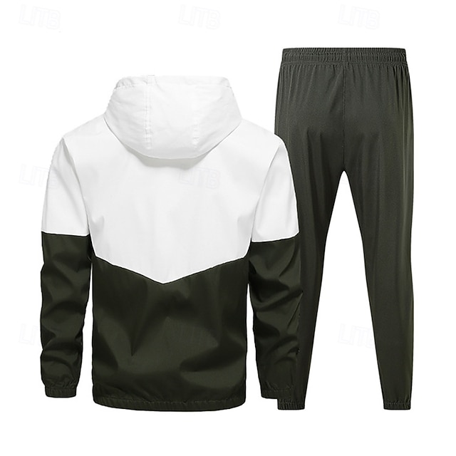 Herren 2-teiliger Trainingsanzug Lounge-Hoodie Trainingsanzug-Sets mit Tasche Farbblock Kombination Frühling Herbst Schwarz Armeegrün Fitnessstudio Training Laufen Hohe Taille Leicht Mode Langarm