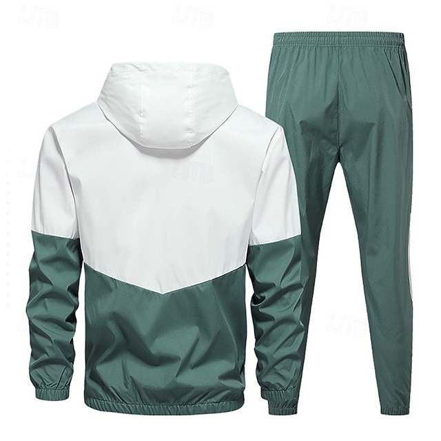 Herren 2-teiliger Trainingsanzug Lounge-Hoodie Trainingsanzug-Sets mit Tasche Farbblock Kombination Frühling Herbst Schwarz Armeegrün Fitnessstudio Training Laufen Hohe Taille Leicht Mode Langarm