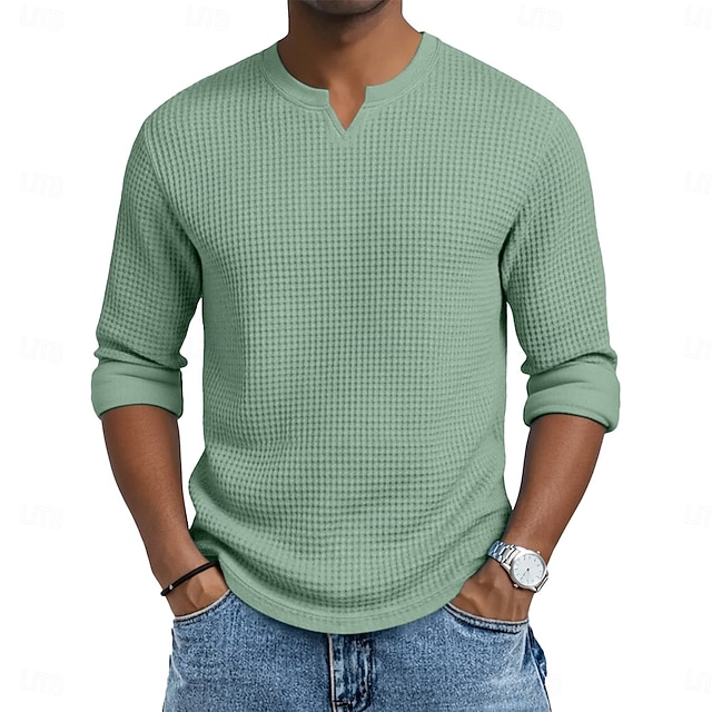 Herren Waffel-T-Shirt T Shirt Langarm V Ausschnitt Sommer Frühling & Herbst Ganzjahres Einfarbig Texture Strickware Täglich Lässig V-Ausschnitt Lässig Täglich Outdoor Blau Schwarz Hellgrün Top