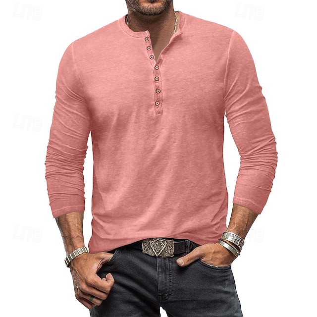 Herren Henley Hemd T-Shirt Langarmshirt Langarm Einfach Vintage Mode Basic Henley Urlaub Straße Ausgehen Sommer Wein Rosa Königliches Blau Henley T-Shirt