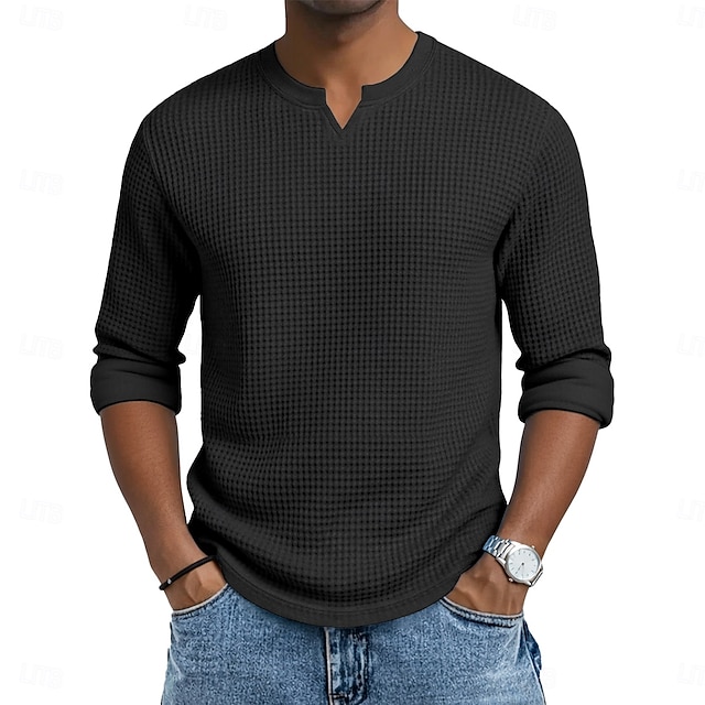 Herren Waffel-T-Shirt T Shirt Langarm V Ausschnitt Sommer Frühling & Herbst Ganzjahres Einfarbig Texture Strickware Täglich Lässig V-Ausschnitt Lässig Täglich Outdoor Blau Schwarz Hellgrün Top