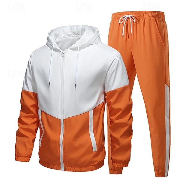 Herren 2-teiliger Trainingsanzug Lounge-Hoodie Trainingsanzug-Sets mit Tasche Farbblock Kombination Frühling Herbst Schwarz Armeegrün Fitnessstudio Training Laufen Hohe Taille Leicht Mode Langarm