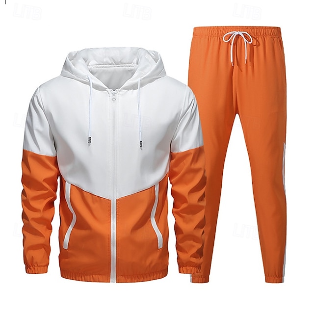 Herren 2-teiliger Trainingsanzug Lounge-Hoodie Trainingsanzug-Sets mit Tasche Farbblock Kombination Frühling Herbst Schwarz Armeegrün Fitnessstudio Training Laufen Hohe Taille Leicht Mode Langarm