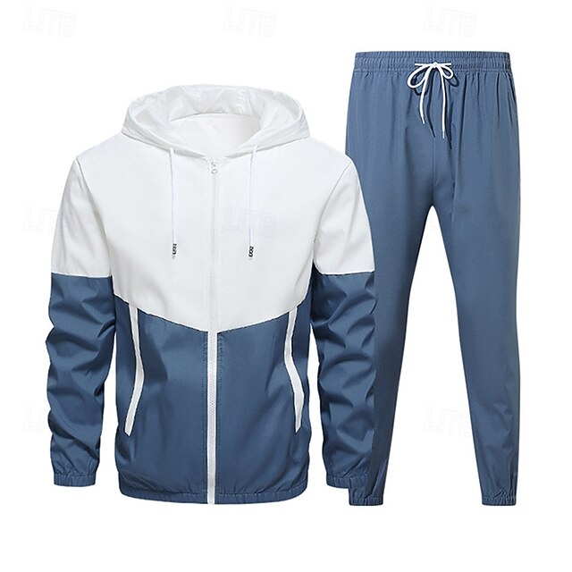 Herren 2-teiliger Trainingsanzug Lounge-Hoodie Trainingsanzug-Sets mit Tasche Farbblock Kombination Frühling Herbst Schwarz Armeegrün Fitnessstudio Training Laufen Hohe Taille Leicht Mode Langarm