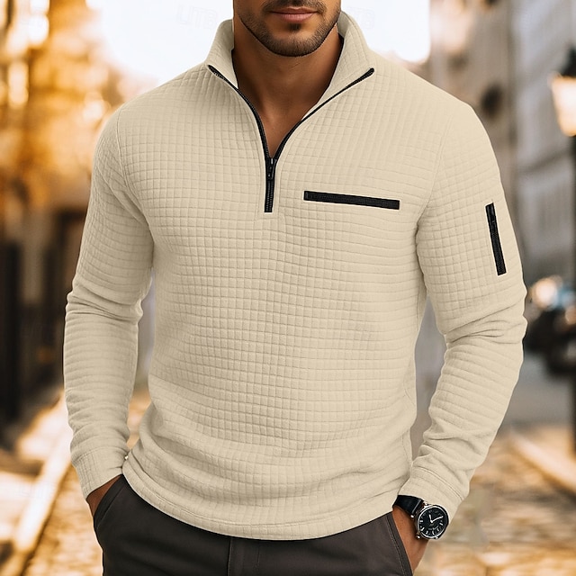 Herren Waffel-Poloshirts Textur Lässig Viertelreißverschluss Langarm Mode Bequem Farbblock Reißverschluss Tasche Herbst Frühling & Herbst Normale Passform Weiß Schwarz Blau Hellblau Dunkelgrau Purpur