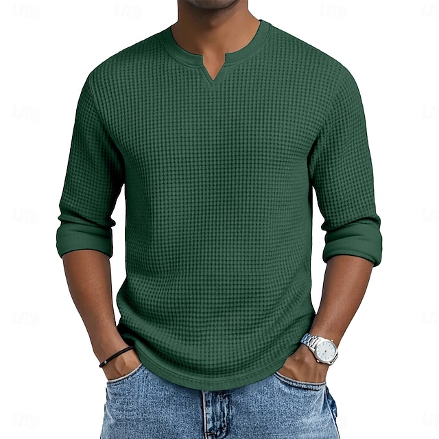 Herren Waffel-T-Shirt T Shirt Langarm V Ausschnitt Sommer Frühling & Herbst Ganzjahres Einfarbig Texture Strickware Täglich Lässig V-Ausschnitt Lässig Täglich Outdoor Blau Schwarz Hellgrün Top