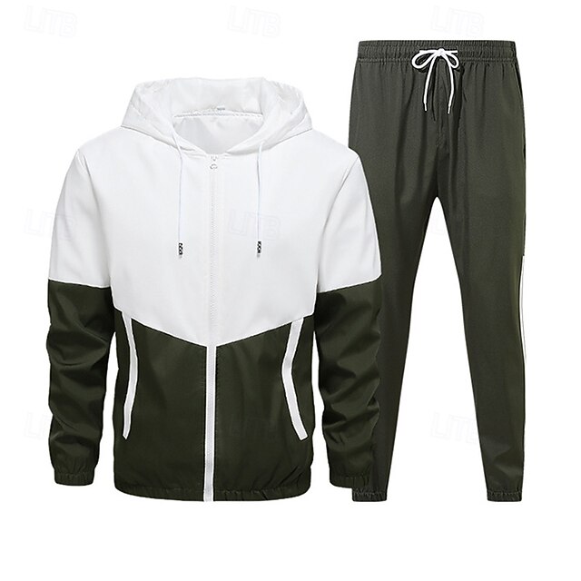 Herren 2-teiliger Trainingsanzug Lounge-Hoodie Trainingsanzug-Sets mit Tasche Farbblock Kombination Frühling Herbst Schwarz Armeegrün Fitnessstudio Training Laufen Hohe Taille Leicht Mode Langarm