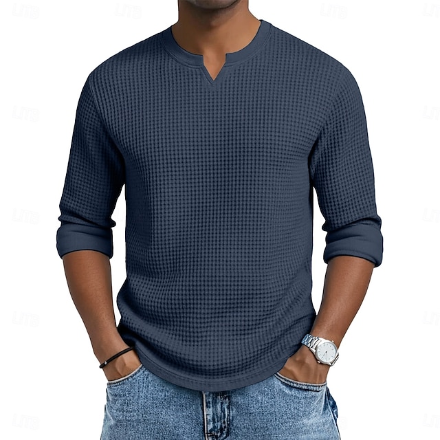 Herren Waffel-T-Shirt T Shirt Langarm V Ausschnitt Sommer Frühling & Herbst Ganzjahres Einfarbig Texture Strickware Täglich Lässig V-Ausschnitt Lässig Täglich Outdoor Blau Schwarz Hellgrün Top