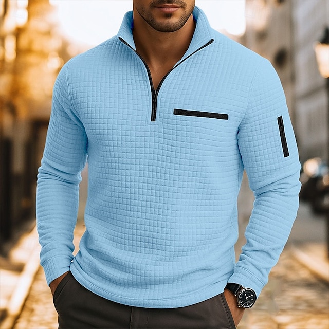 Herren Waffel-Poloshirts Textur Lässig Viertelreißverschluss Langarm Mode Bequem Farbblock Reißverschluss Tasche Herbst Frühling & Herbst Normale Passform Weiß Schwarz Blau Hellblau Dunkelgrau Purpur