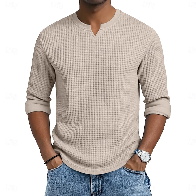 Herren Waffel-T-Shirt T Shirt Langarm V Ausschnitt Sommer Frühling & Herbst Ganzjahres Einfarbig Texture Strickware Täglich Lässig V-Ausschnitt Lässig Täglich Outdoor Blau Schwarz Hellgrün Top