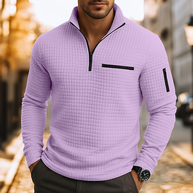 Herren Waffel-Poloshirts Textur Lässig Viertelreißverschluss Langarm Mode Bequem Farbblock Reißverschluss Tasche Herbst Frühling & Herbst Normale Passform Weiß Schwarz Blau Hellblau Dunkelgrau Purpur