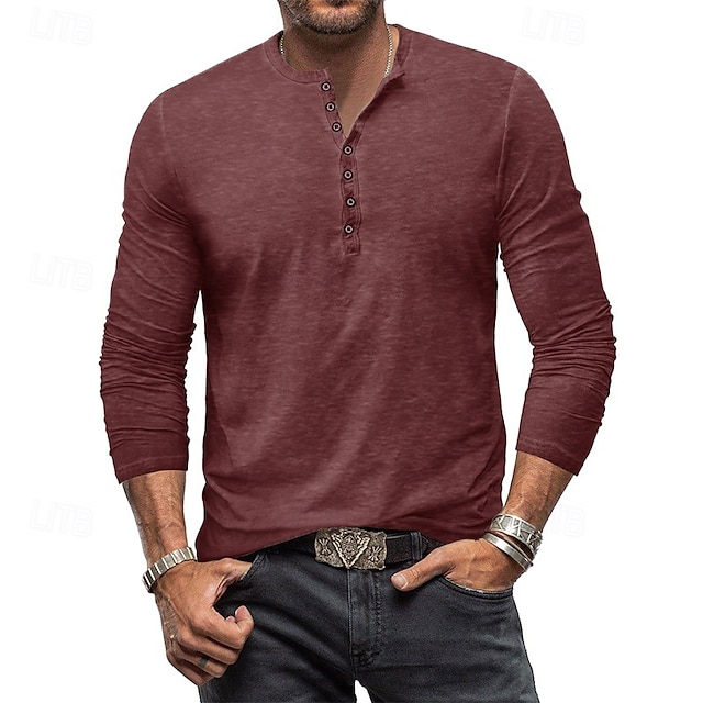 Herren Henley Hemd T-Shirt Langarmshirt Langarm Einfach Vintage Mode Basic Henley Urlaub Straße Ausgehen Sommer Wein Rosa Königliches Blau Henley T-Shirt