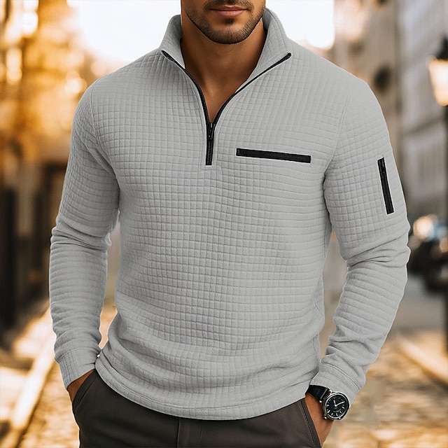 Herren Waffel-Poloshirts Textur Lässig Viertelreißverschluss Langarm Mode Bequem Farbblock Reißverschluss Tasche Herbst Frühling & Herbst Normale Passform Weiß Schwarz Blau Hellblau Dunkelgrau Purpur