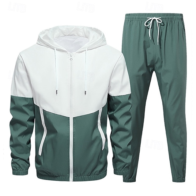Herren 2-teiliger Trainingsanzug Lounge-Hoodie Trainingsanzug-Sets mit Tasche Farbblock Kombination Frühling Herbst Schwarz Armeegrün Fitnessstudio Training Laufen Hohe Taille Leicht Mode Langarm