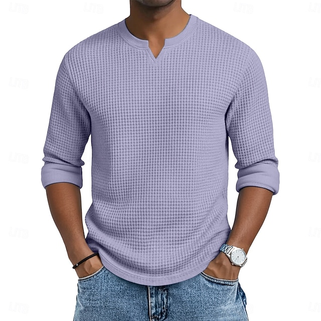 Herren Waffel-T-Shirt T Shirt Langarm V Ausschnitt Sommer Frühling & Herbst Ganzjahres Einfarbig Texture Strickware Täglich Lässig V-Ausschnitt Lässig Täglich Outdoor Blau Schwarz Hellgrün Top