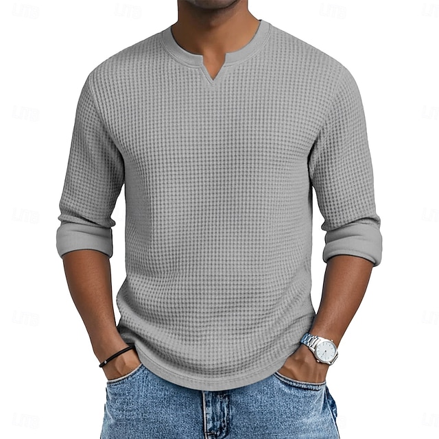 Herren Waffel-T-Shirt T Shirt Langarm V Ausschnitt Sommer Frühling & Herbst Ganzjahres Einfarbig Texture Strickware Täglich Lässig V-Ausschnitt Lässig Täglich Outdoor Blau Schwarz Hellgrün Top