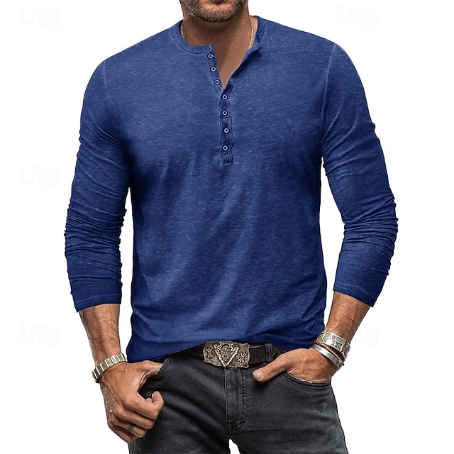 Herren Henley Hemd T-Shirt Langarmshirt Langarm Einfach Vintage Mode Basic Henley Urlaub Straße Ausgehen Sommer Wein Rosa Königliches Blau Henley T-Shirt