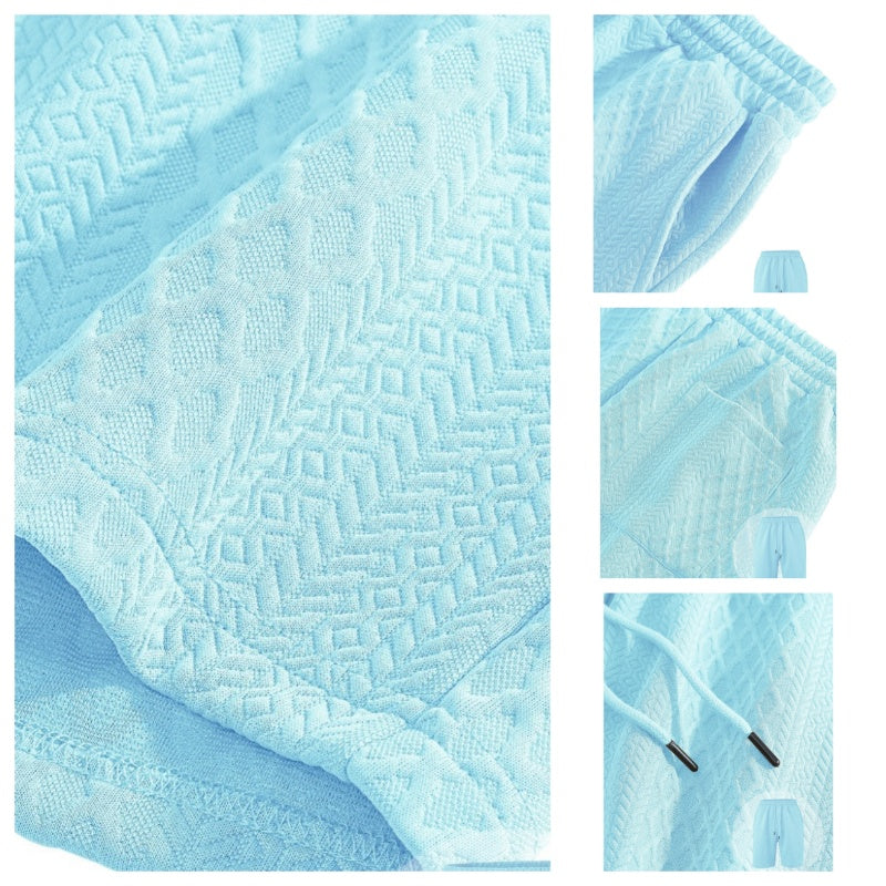 🔥Heißer Sale 50% Rabatt💥 Herren-Zweiteiler: Kurzarmshirt mit Rautenmuster, Umlegekragen und Shorts mit Kordelzug