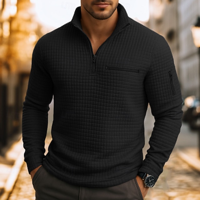Herren Waffel-Poloshirts Textur Lässig Viertelreißverschluss Langarm Mode Bequem Farbblock Reißverschluss Tasche Herbst Frühling & Herbst Normale Passform Weiß Schwarz Blau Hellblau Dunkelgrau Purpur