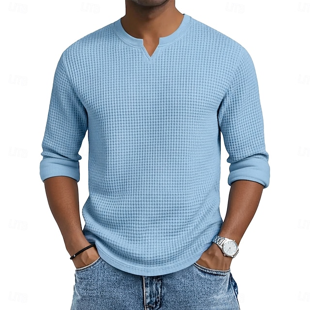 Herren Waffel-T-Shirt T Shirt Langarm V Ausschnitt Sommer Frühling & Herbst Ganzjahres Einfarbig Texture Strickware Täglich Lässig V-Ausschnitt Lässig Täglich Outdoor Blau Schwarz Hellgrün Top