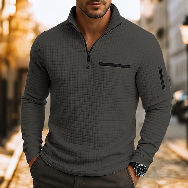 Herren Waffel-Poloshirts Textur Lässig Viertelreißverschluss Langarm Mode Bequem Farbblock Reißverschluss Tasche Herbst Frühling & Herbst Normale Passform Weiß Schwarz Blau Hellblau Dunkelgrau Purpur